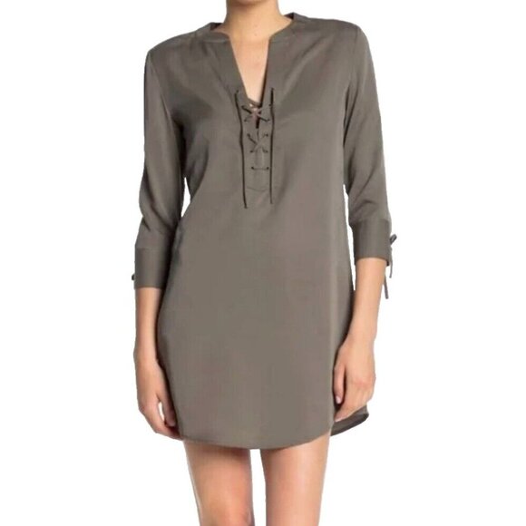 Theory Dresses & Skirts - Theory Jullitah Green Tencel Lace Up 3/4 Sleeve Shirt Dress Size 6